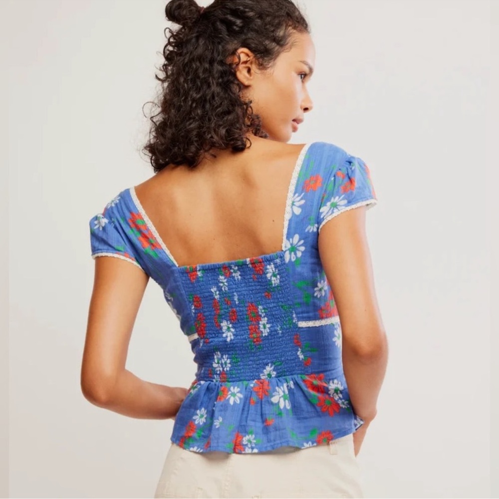 Free People Call Me Baby Cap Sleeve Button-Up Shirt Blue Quartz Daisy Floral XL